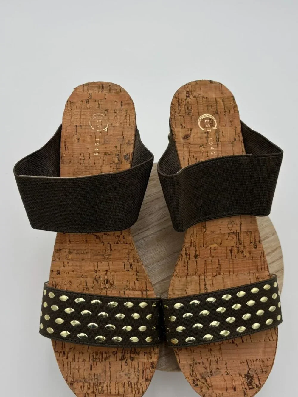 Olive Green Studded Slide Wedge Sandals Cork Platform Open Toe Slip On Shoes 9M